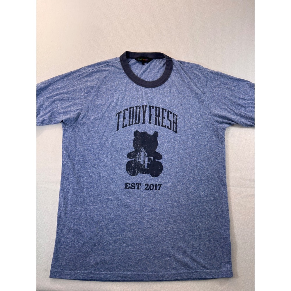 Teddy Fresh Mens Large Blue Heathered Ringer Tee Bear Logo Graphic T-Shirt